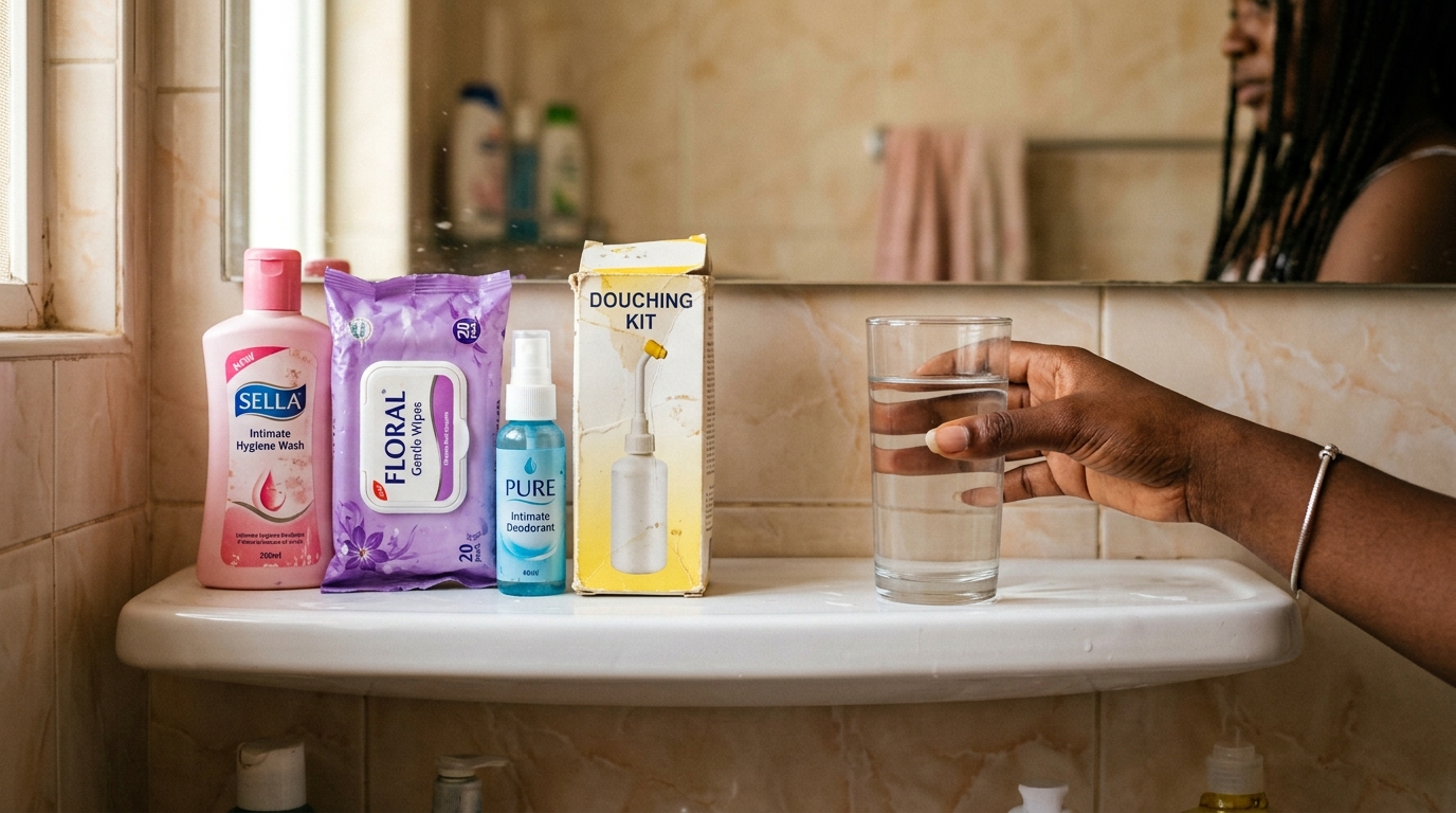 Bathroom shelf with feminine products and a glass of water, hand reaching toward the water